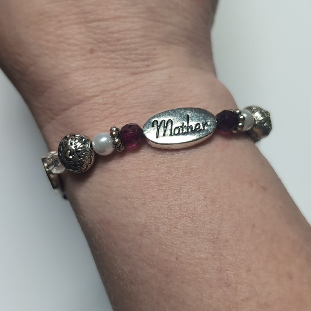 535 Silver Purple Faceted Faux Pearl‎ Mother Love Forever Beaded Charm Bracelet